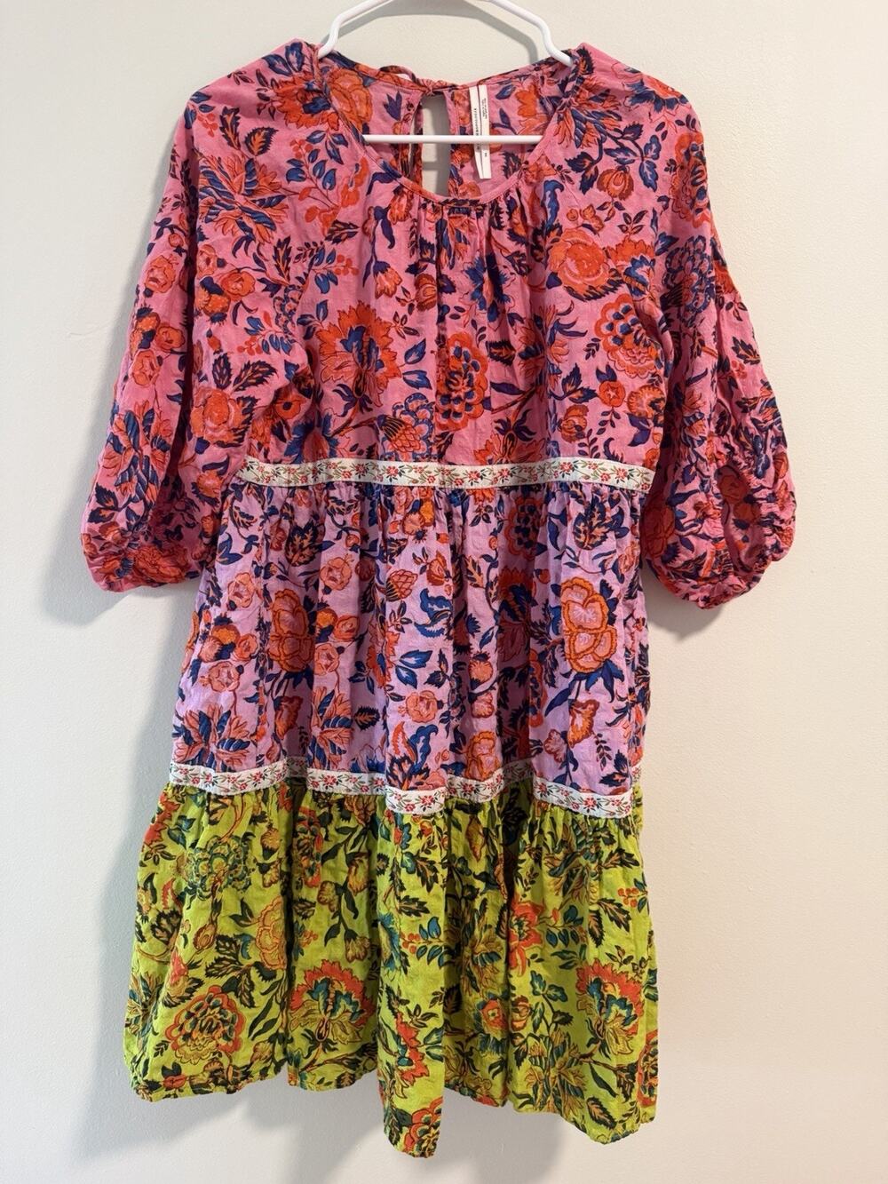 Anthropologie Mabel Mini Dress XS Floral Tiered Boho Puff Sleeve Pink Green